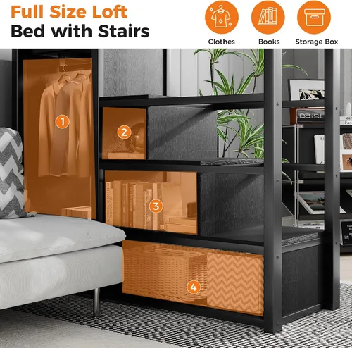 Miniatura 4 de Cama tipo loft de tamaño matrimonial con escaleras de almacenamiento integradas, armario, marco de cama alta de metal con barandilla lateral