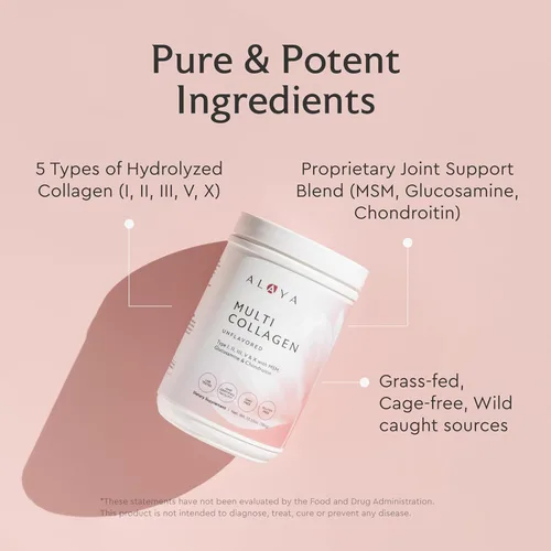 Miniatura 3 de Alaya - Polvo de colágeno múltiple - Suplemento de proteína en polvo de péptidos de colágeno hidrolizados tipo I, II, III, V, X, con MSM + GC