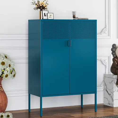 Miniatura 19 de Armario de almacenamiento de metal negro con 2 puertas, soporte de TV de 25 pulgadas de alto, armario de 2 niveles con estantes ajustables, gabinete