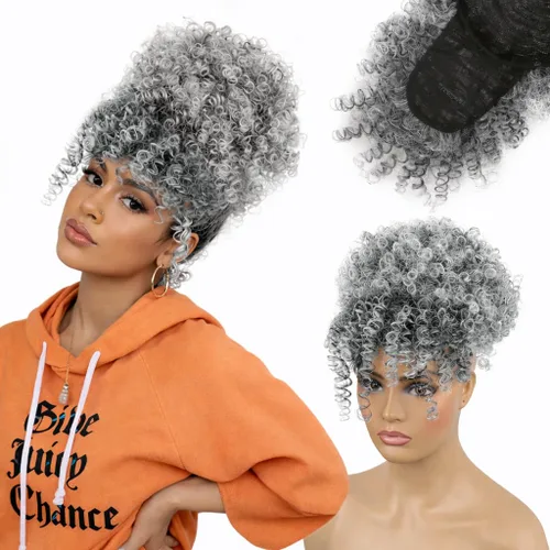Miniatura 14 de Cola de caballo con cordón y flequillo, extensiones de cola de caballo afro para mujer, cola de caballo corta y rizada con flequillo con clip para 1b