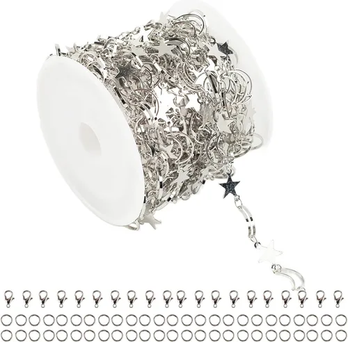 Miniatura 12 de Cadenas chapadas en plata de 33 pies, cadena de latón de estrella y luna, cadenas a granel con anillos de salto, cierres de langosta para hacer