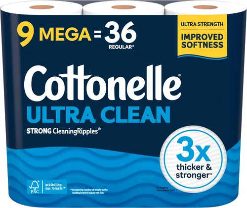 Papel higiénico Cottonelle Ultra Clean, 9 Mega Rolls = 36 Regular Rolls, el empaque puede variar