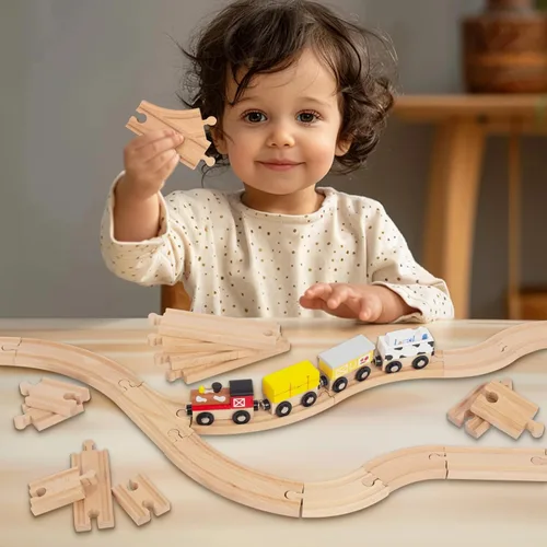 Miniatura 5 de Juego de 24 pistas de tren de madera, expansión de vías y 9 piezas distintas, 100% compatible con todas las principales marcas, incluido el sistema