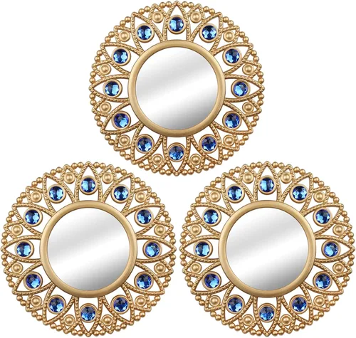 DXYAKY Juego de 3 espejos decorativos redondos dorados para pared, espejos con marco de plástico ligero con detalles de cristal azul, decoración de