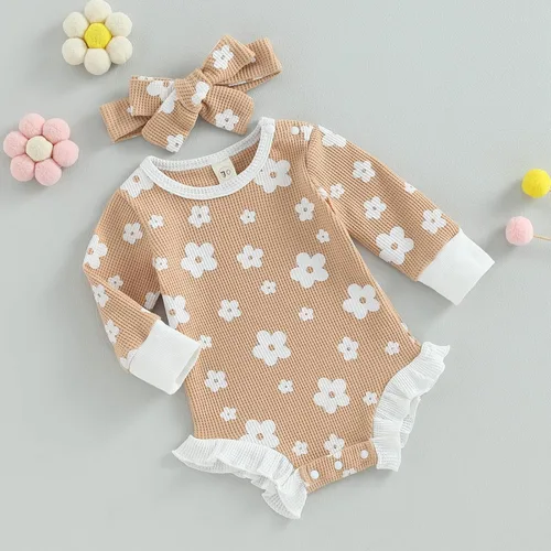 Miniatura 20 de Ropa de bebé recién nacida, sudadera floral de manga larga, mameluco con volantes, diadema de gofre, traje de otoño de una pieza
