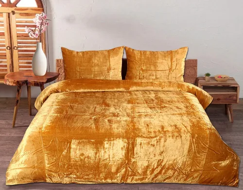 Sophia-Art - Juego de 3 piezas de ropa de cama de terciopelo de rayón ultra lujo, funda de edredón boho de un solo color, funda de colcha (dorado,