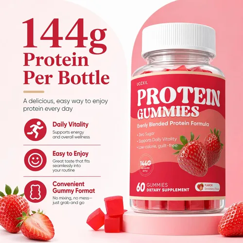 Miniatura 2 de Gomitas de proteínas, 5.08 oz de proteína por botella, cero azúcar, bajas en calorías, proteína para vitalidad diaria, sin culpa y fácil de Rojo