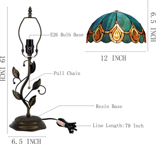 Miniatura 3 de Lámpara de mesa Tiffany, lámpara de escritorio estilo vidrio manchado, 12X12X19 Pulgadas, luz de lectura de mesita, base de hoja de metal