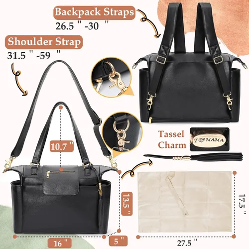 Miniatura 3 de Omanmoli Bolsa de pañales de cuero para pañales, mochila grande para pañales para bebé, 14 bolsas organizadoras, cambiador, correa cruzada, 4 Negro