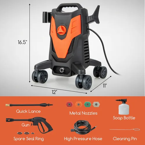 Miniatura 7 de Goplus Lavadora a presión eléctrica, 2400 PSI 1.7 GPM Lavadora de alta presión con 4 boquillas rápidas y ruedas universales, lavadora a presión