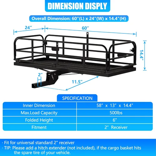 Miniatura 2 de KAIRAY Portaequipajes plegable de enganche trasero de 500 libras de alta resistencia, portaequipajes de 60"x24"x14.4" para equipaje, encaja