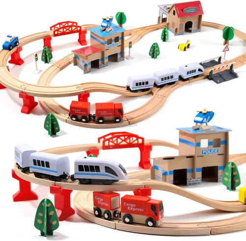Juego de tren eléctrico de madera para niños pequeños, 88 piezas de juguetes de vías de tren para 3, 4, 5 años, gran regalo de Navidad para niños,