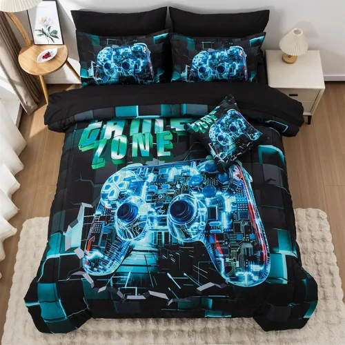 Miniatura 14 de Aimuan - Juego de ropa de cama para jugadores, conjuntos de edredón 3D con mando de juego para niños, botones de acción, controlador de juego Negro