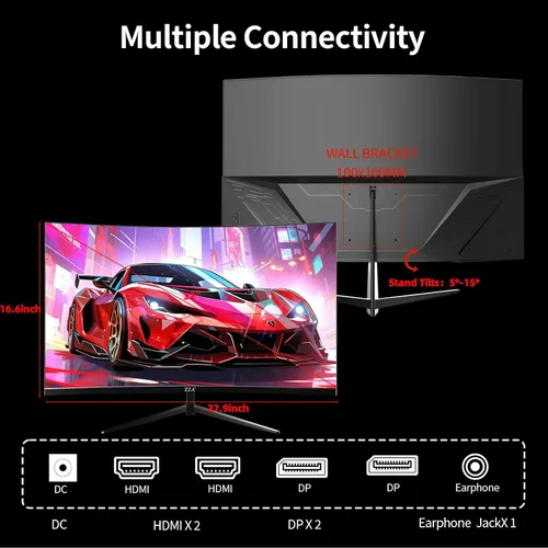 Miniatura 7 de ZZA Monitor curvo para juegos de 32 pulgadas 2560x1440P 165Hz Monitor de computadora 1500R QHD 2K VA, monitor de PC HDMI DP1.4, 1ms MPRT, HDR