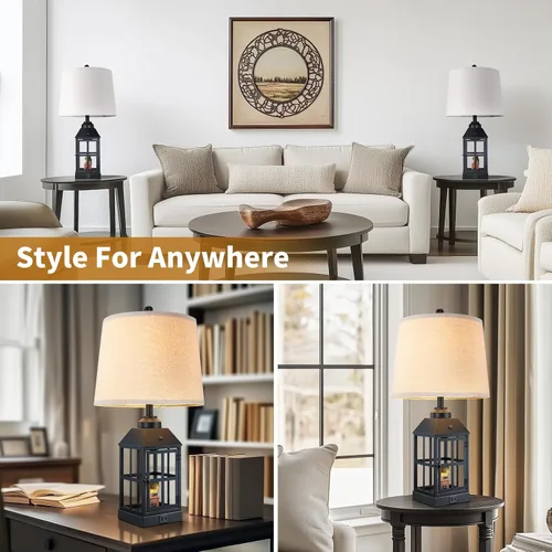 Miniatura 7 de Lámparas de mesa estilo granja de 25" para sala de estar, juego de 2 lámparas negras con puerto USB y luz nocturna, lámpara de mesa rústica