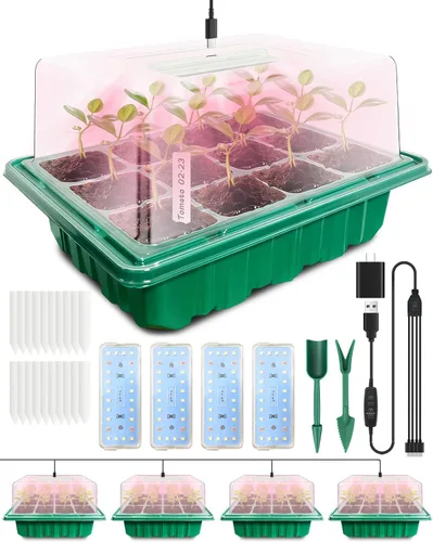 Bandeja de inicio de semillas con luz de crecimiento (4 x 24 LED), paquete de 4 kits de inicio de semillas de 48 celdas con cúpulas de humedad y