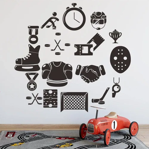 Miniatura 5 de Calcomanía de pared de hockey sobre hielo, adhesivo de PVC extraíble con jugador de hockey y cronómetro, arte de pared de vinilo para amantes
