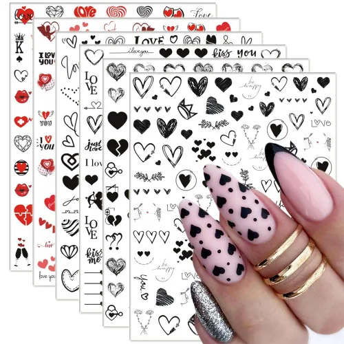 SINSEN Calcomanías de uñas de corazón, 6 hojas de calcomanías de uñas de corazones para mujeres, calcomanías autoadhesivas 3D para arte de uñas,