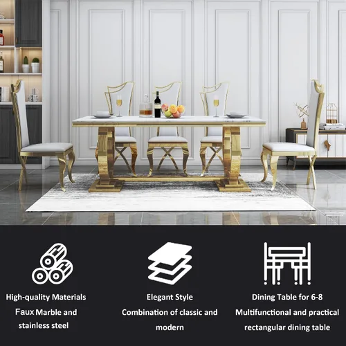 Miniatura 5 de Juego de mesa de comedor de mármol sintético, 7 piezas, juego de mesa de cocina y comedor para 6, mesa de comedor rectangular blanca de 70 pulgadas