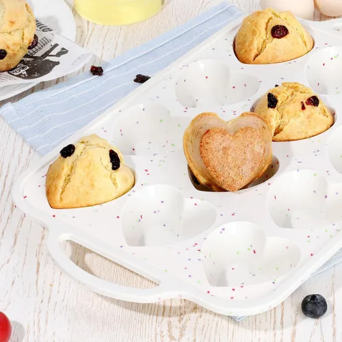 Miniatura 7 de CAKETIME Molde para magdalenas con forma de corazón con marco metálico, moldes de silicona antiadherentes en forma de corazón para hornear muffins