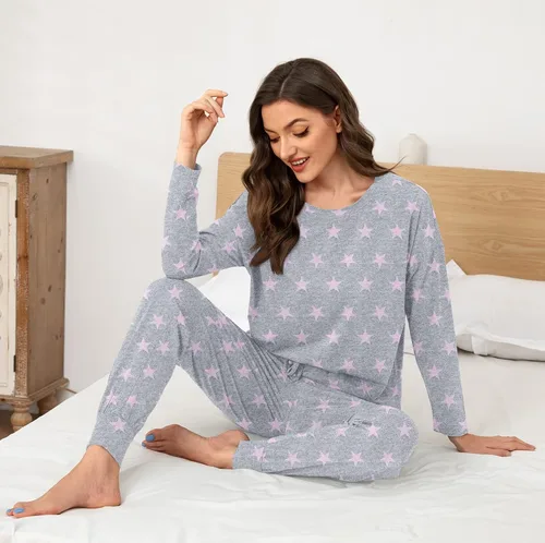 Miniatura 3 de DUSDIMON Conjunto de pijama de manga larga para mujer, conjunto de dos piezas con bolsillos, ajuste holgado