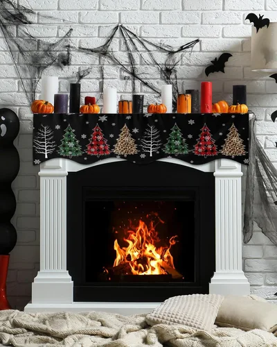 Miniatura 3 de Bufanda de manto de 90 x 17 pulgadas, diseño de rejilla de búfalo negro de Navidad, árbol de Navidad, chimenea, mantel, cubierta de mantel