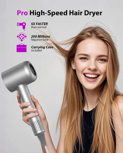 Miniatura 7 de Secador de pelo 2026 con funda de transporte, secado rápido de 2 minutos, 160000 RPM, secador iónico profesional de alta velocidad, 200 millones