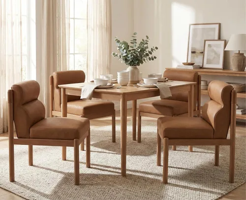 Miniatura 11 de CIMOTA Juego de 6 sillas de comedor tapizadas modernas, de piel sintética, sillas laterales sin brazos Boucle con respaldo curvo/patas de madera