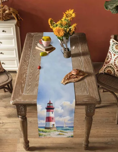 Miniatura 5 de Coastal Lighthouse - Camino de mesa rectangular de lino y algodón de 13 x 36 pulgadas, acuarela, cielo azul, mar, verano, playa, náutico, camino