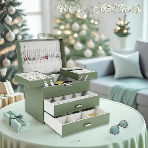 Miniatura 8 de Dajasan Caja organizadora de joyas para mujeres y niñas, organizador de joyas, caja de joyería de cuero de 4 capas, idea de regalo para el día