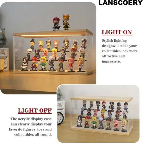 Miniatura 8 de LANSCOERY Vitrina de exhibición de acrílico con luz LED, caja de exhibición de 3 niveles para coleccionables y figuras de acción, organizador Madera