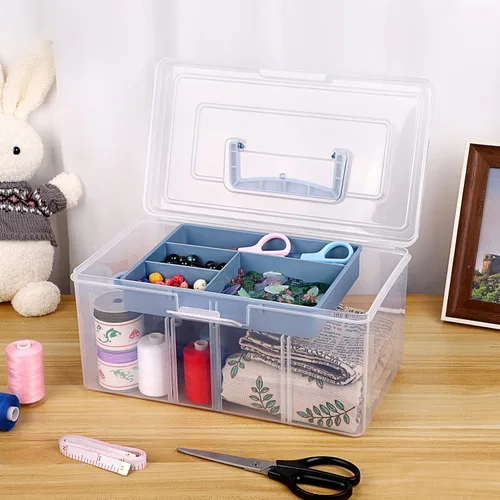 Miniatura 7 de BTSKY - Caja de almacenamiento de 2 capas de plástico transparente con bandeja extraíble, caja organizadora multiuso para papelería con asa, caja