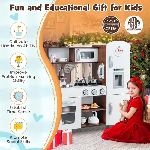 Miniatura 7 de HONEY JOY Juego de cocina para niños, cocina de madera para niños pequeños, utensilios de cocina, teléfono, reloj, dispensador de agua, gabinete