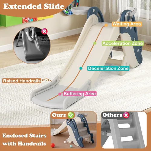 Miniatura 4 de BABY JOY Tobogán plegable para niños pequeños, juego independiente de escalador para bebés con aro de baloncesto, juego de tobogán para niños