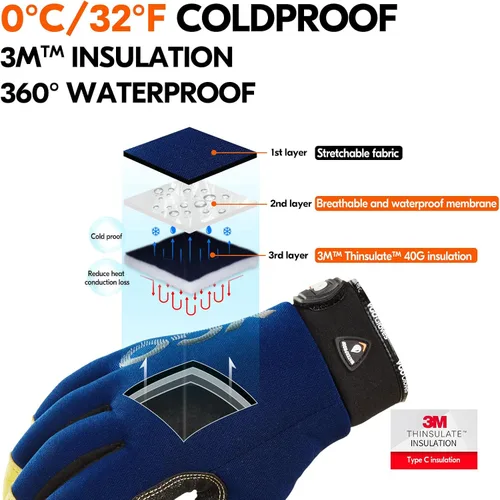 Miniatura 2 de Vgo... 0 °C/32 °F Guantes de trabajo de invierno de cuero de cerdo, guantes de trabajo impermeables y seguros para clima frío (PA7726FW)