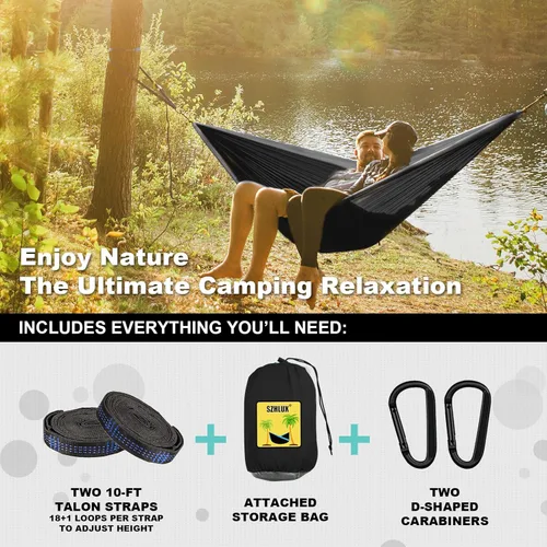 Miniatura 3 de SZHLUX Hamaca de camping doble y simple portátil con 2 correas para árboles y bolsa de transporte adjunta, ideal para exteriores, interiores, playa