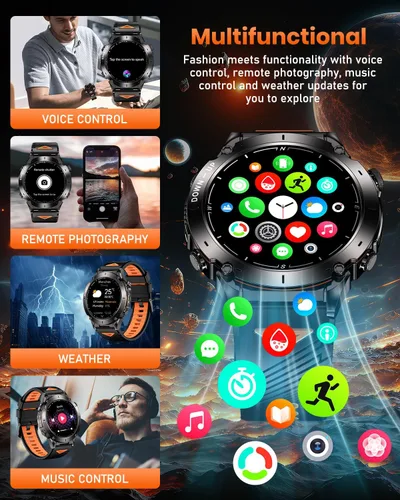 Miniatura 9 de Reloj inteligente militar con GPS para hombre con llamada Bluetooth, AMOLED de 1.43 pulgadas, batería de 730 mAh/linterna, 3 ATM impermeable, más