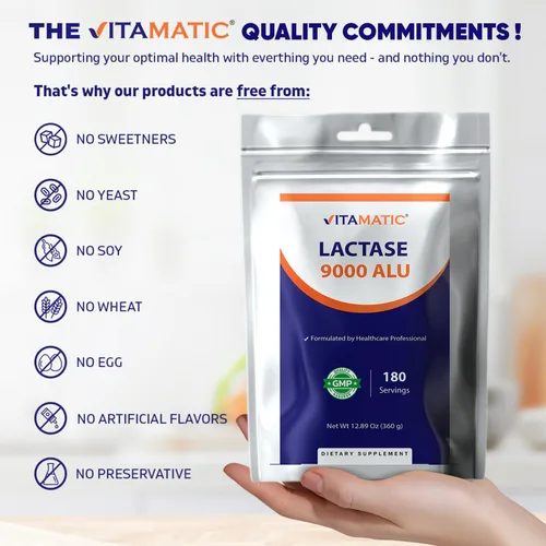 Miniatura 6 de Vitamatic Polvo de enzima lactasa – 9000 ALU por porción – 180 porciones – Apoya la digestión de lactosa, sin OMG, sin gluten