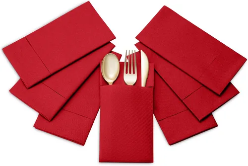 Miniatura 7 de Paquete de 50 servilletas desechables de lino con bolsillo integrado para cubiertos, color rojo brillante, como servilletas de papel para Navidad