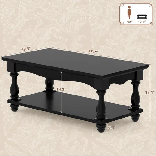 Miniatura 3 de Besiost Mesa auxiliar de 47 pulgadas con almacenamiento, diseño de granja de 2 niveles, patas de madera maciza, mediados de siglo para sala de Negro