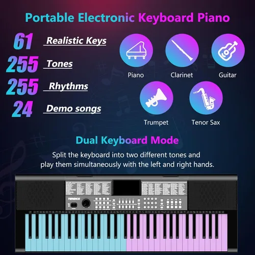Miniatura 2 de TERENCE Piano de teclado de 61 teclas, altavoces de alta fidelidad duales, piano digital con 51 botones de función de panel, pantalla LED, teclado