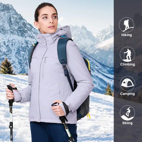 Miniatura 6 de CAMEL CROWN - Chamarra de esquí para mujer, impermeable, con capucha desmontable, rompevientos, forro polar, parka para lluvia