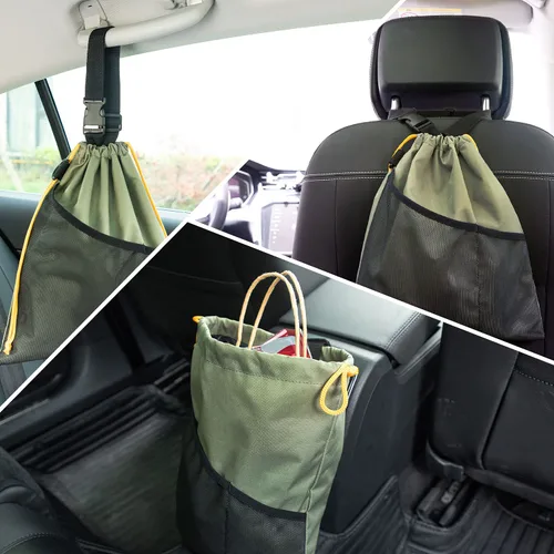 Miniatura 7 de GNEGNI 2 botes de basura para automóvil, bolsa de basura colgante para automóvil con forro impermeable a prueba de fugas Verde militar