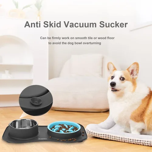 Miniatura 3 de Anipaw Cuencos de alimentación lenta para perros 3 en 1 de acero inoxidable para alimentos y agua con alfombrilla de silicona antideslizante