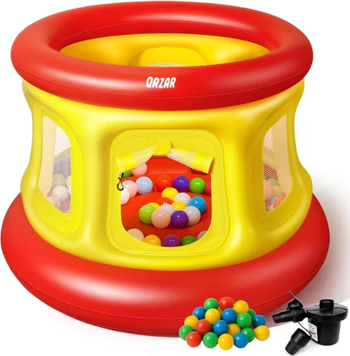 Miniatura 9 de Trampolín inflable todo en 1 para niños pequeños de 1 a 3 años, con bomba de aire manual, PVC antideslizante de textura gruesa, red de seguridad