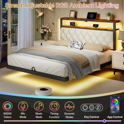 Miniatura 4 de ChicZhiNest Base de cama flotante Queen con cabecero, marcos de cama flotantes LED con estación de carga y respaldo tapizado, estante