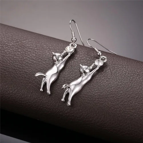 Miniatura 8 de Aretes U7 bañados en platino, con dije de gato y diamantes de imitación