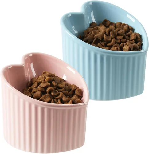 Cuencos elevados inclinados para gatos, cuencos elevados de cerámica para gatos, con forma de corazón de amor, platos inclinados para alimentación