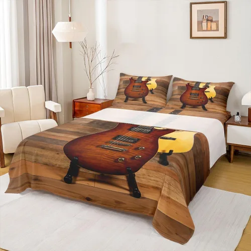 Miniatura 11 de Erosebridal Juego de sábanas tamaño individual de guitarra para niños y niñas, sábanas de teclados de piano, juego de cama con temática musical