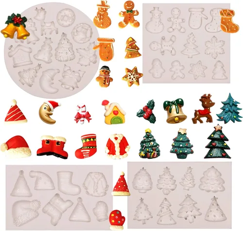 Miniatura 10 de Moldes de Navidad para fondant, 3 paquetes de moldes pequeños de silicona para decoración de pasteles, adornos de cupcakes, pasta de goma